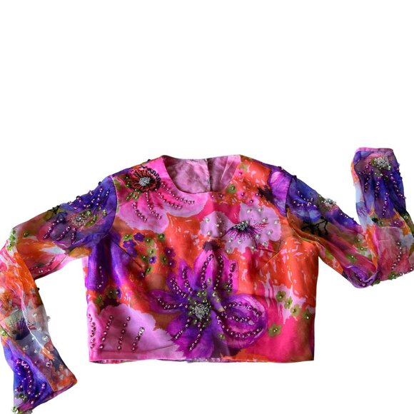 Miss Elliette California Hand-Beaded Floral Crop Blouse Sheer Sleeves Vtg 60s - Picture 8 of 16